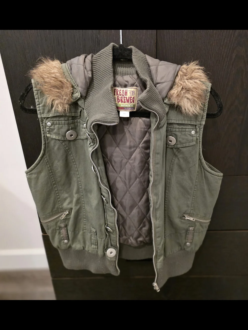 Girls Olive Green Quilted Hooded Vest with Faux Fur Trim